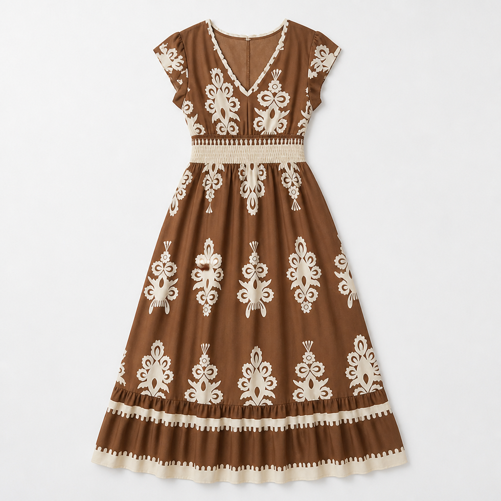 LuminaSway™ – V-Neck Maxi Dress with Vintage Baroque Print
