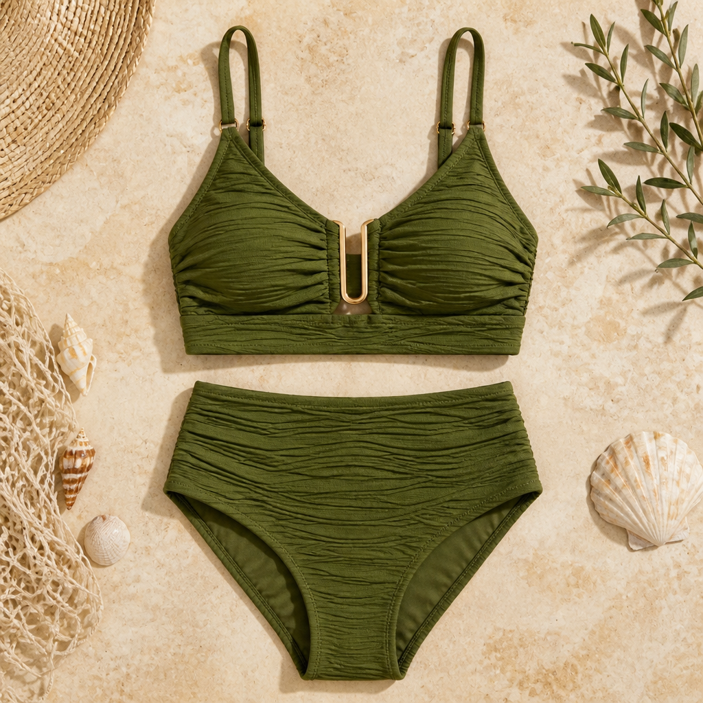 VeloraCurve™ – High-Waist Tummy-Control Bikini Set with Gold U-Wire