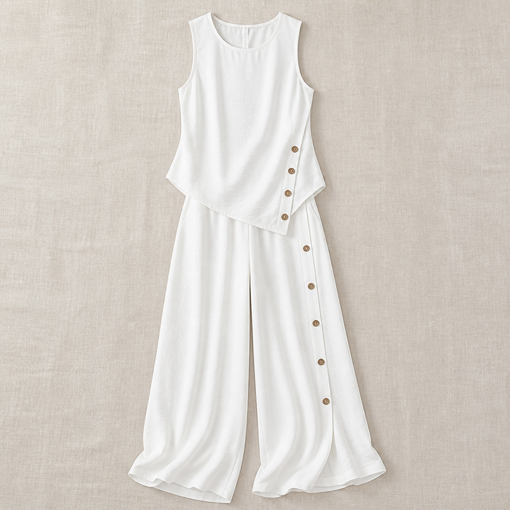VivaLuxe™ – Breezy Wide-Leg Two-Piece Set with Asymmetric Button Detail