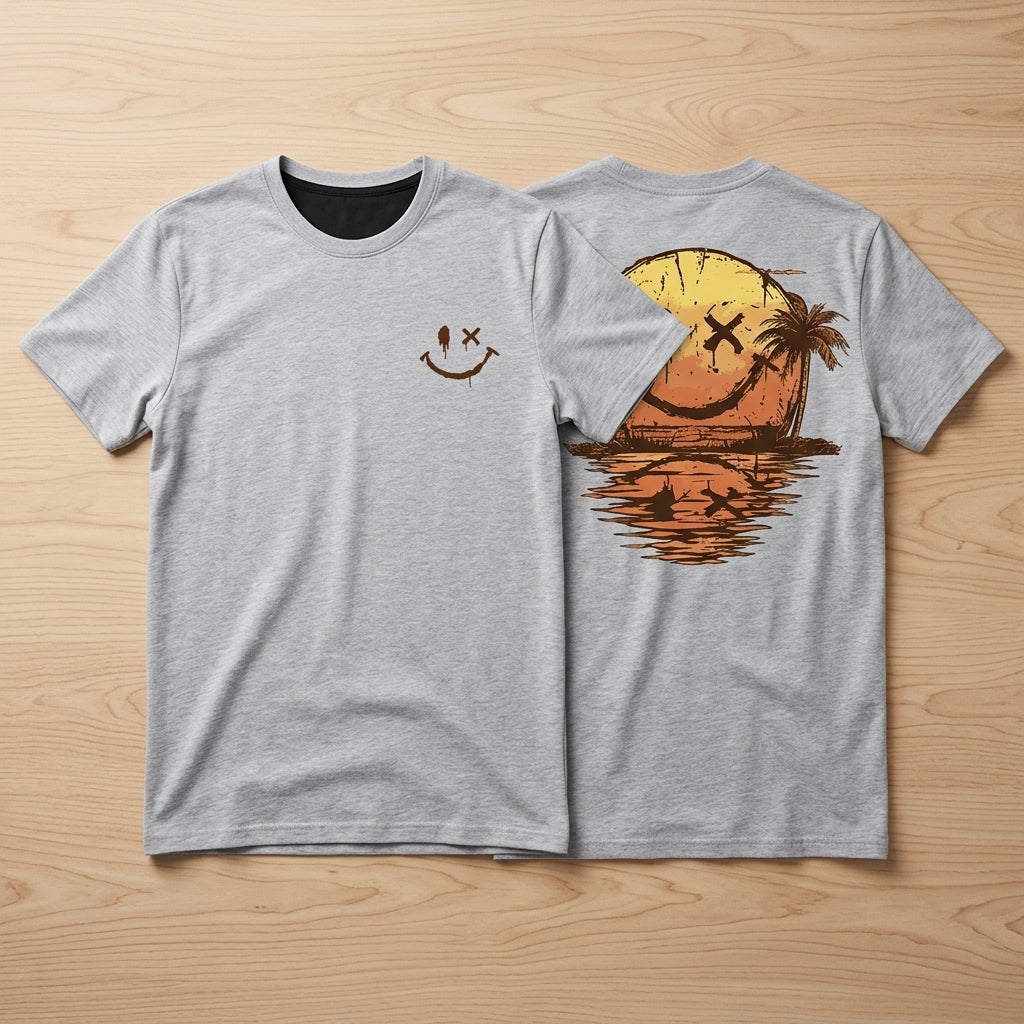 SolaraWave™ – Retro Sunset Smiley Graphic Tee with Front & Back Print