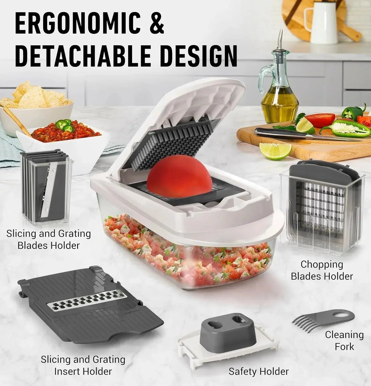 Vegetable Chopper | Slicing, Dicing, Grating | Safety Holder & Storage Container | VegiCut