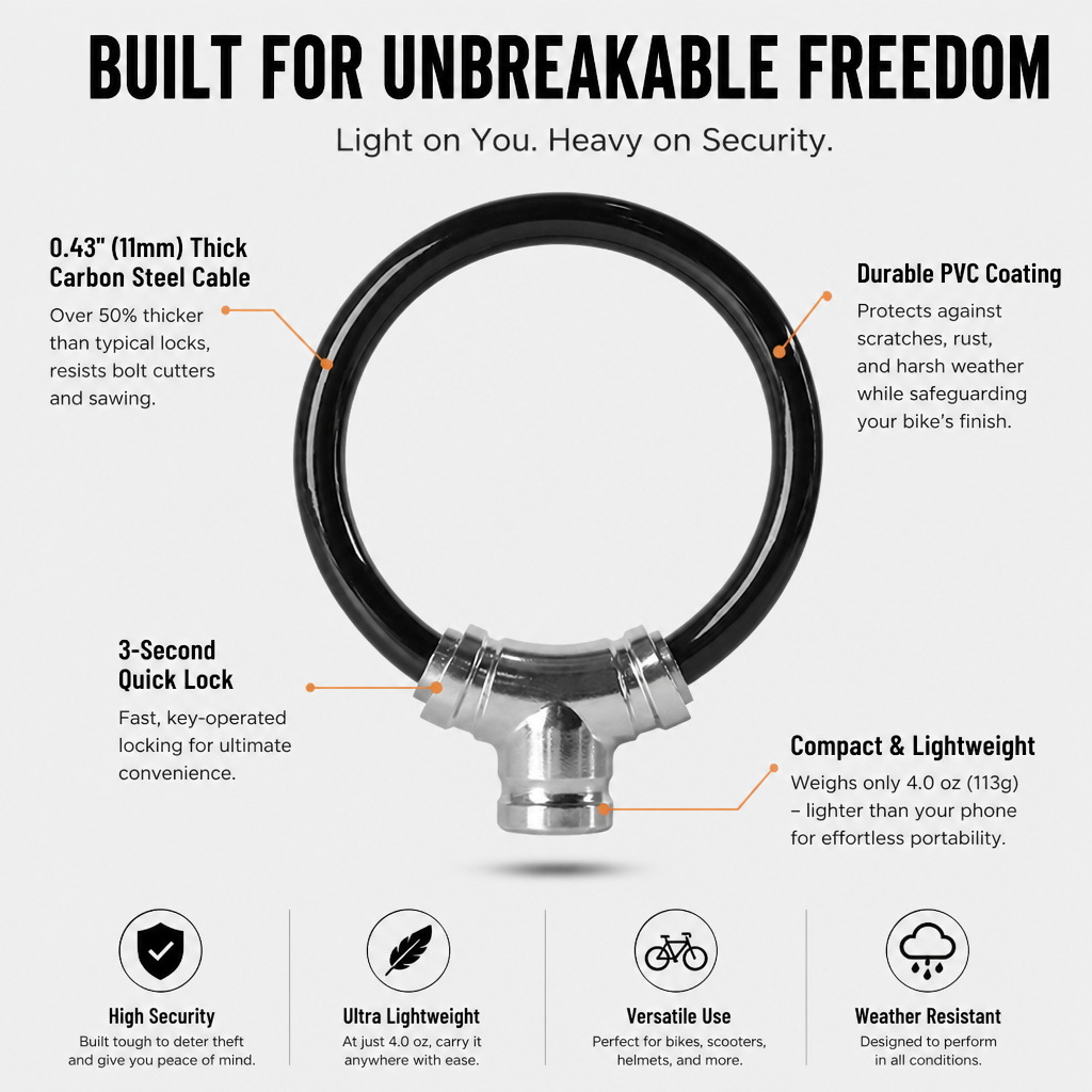 VeloShield™ Cable Lock — Feel Unbreakable Freedom Without the Bulk or Weight