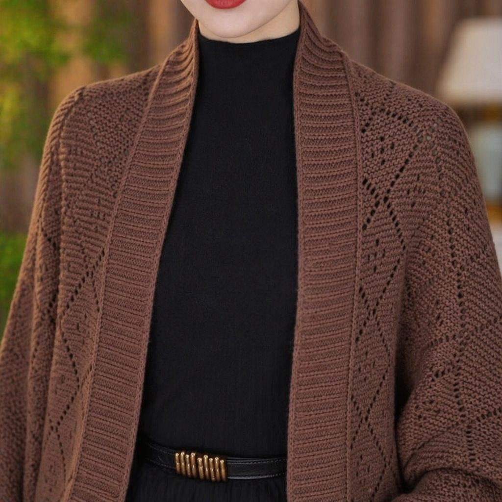 AerieLuxe™ – Hollow Knit Shawl Cardigan with Lantern Sleeves and Open Front