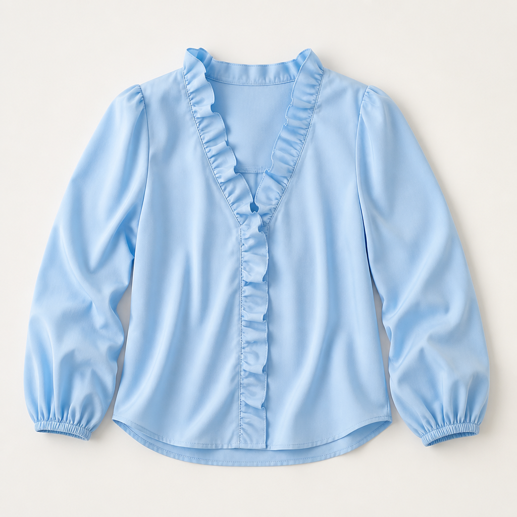 FlairMist™ – Romantic Ruffled V-Neck Top with Lantern Sleeves