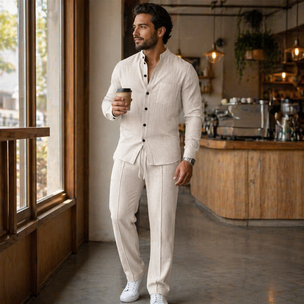 AnyWear™ – Casual Waffle-Knit Shirt & Pants Set Featuring Mandarin Collar