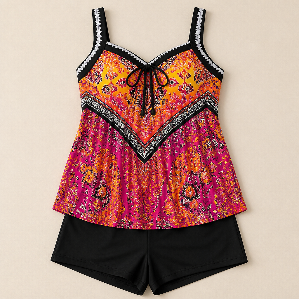 SoloraSway™ – Flowing Pleated Tankini Set with Coverage Shorts