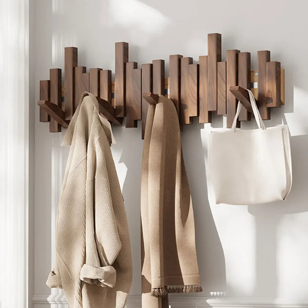 Elegant Wooden Wall-Mounted Coat Organizer with Magnetic Hooks