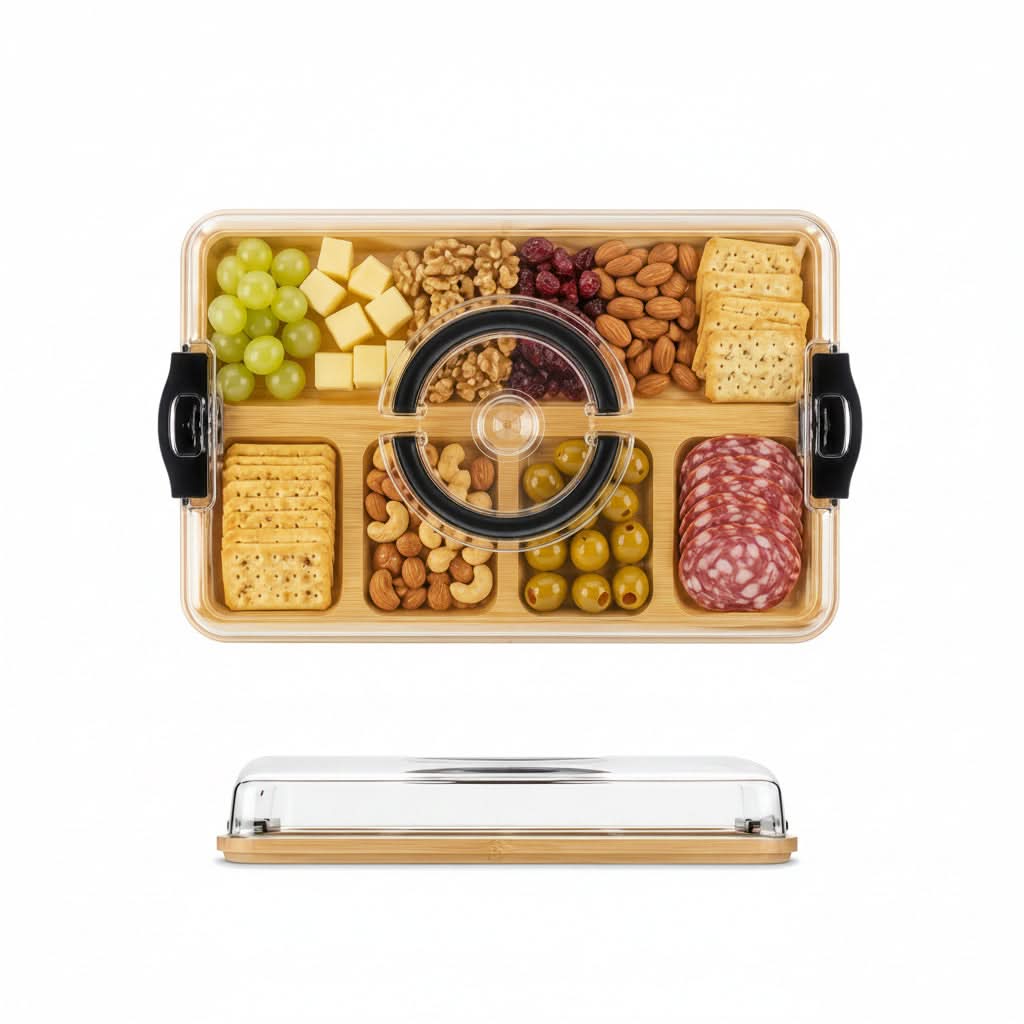 Bamboo Snack Tray with Lid – Divided Design for Serving and Storage