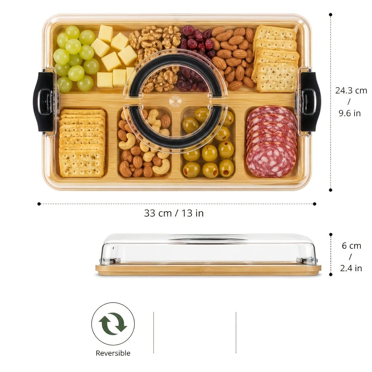 Bamboo Snack Tray with Lid – Divided Design for Serving and Storage