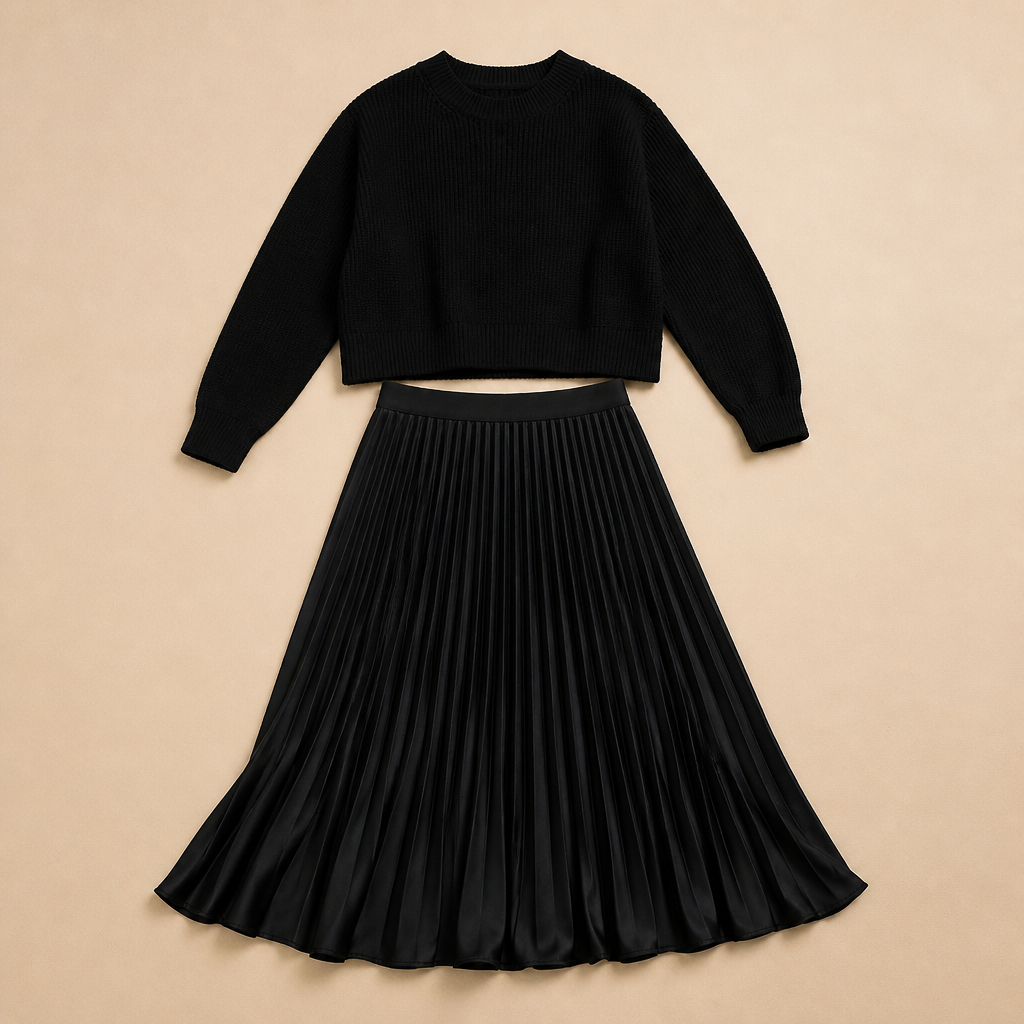 VelaLift™ – Chic Pleated Maxi Skirt Ensemble with Cropped Knit Top