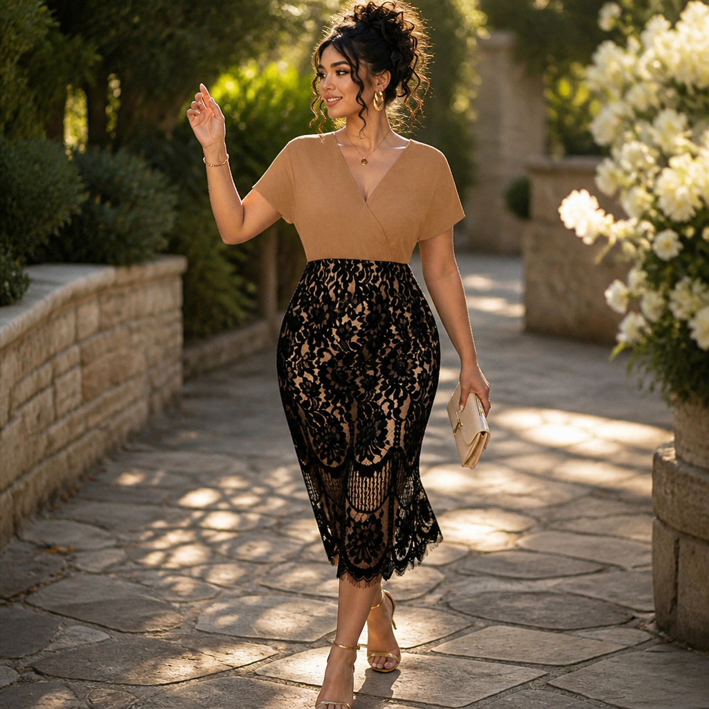 AriaLuxe™ – Lace Midi Dress with V-Neck Wrap Top, Curve-Enhancing Silhouette