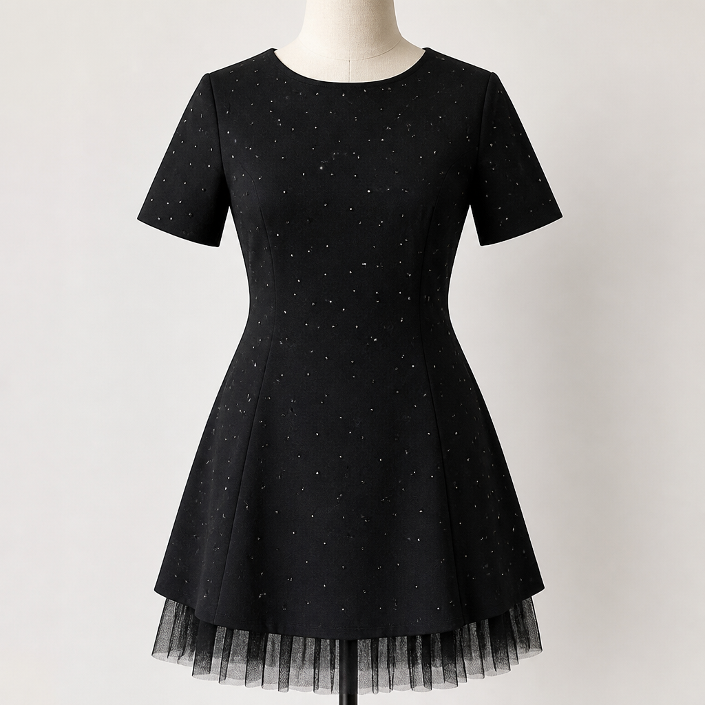 VeroLux™ – Mini Dress with Rhinestone Accents and Layered Tulle Hem