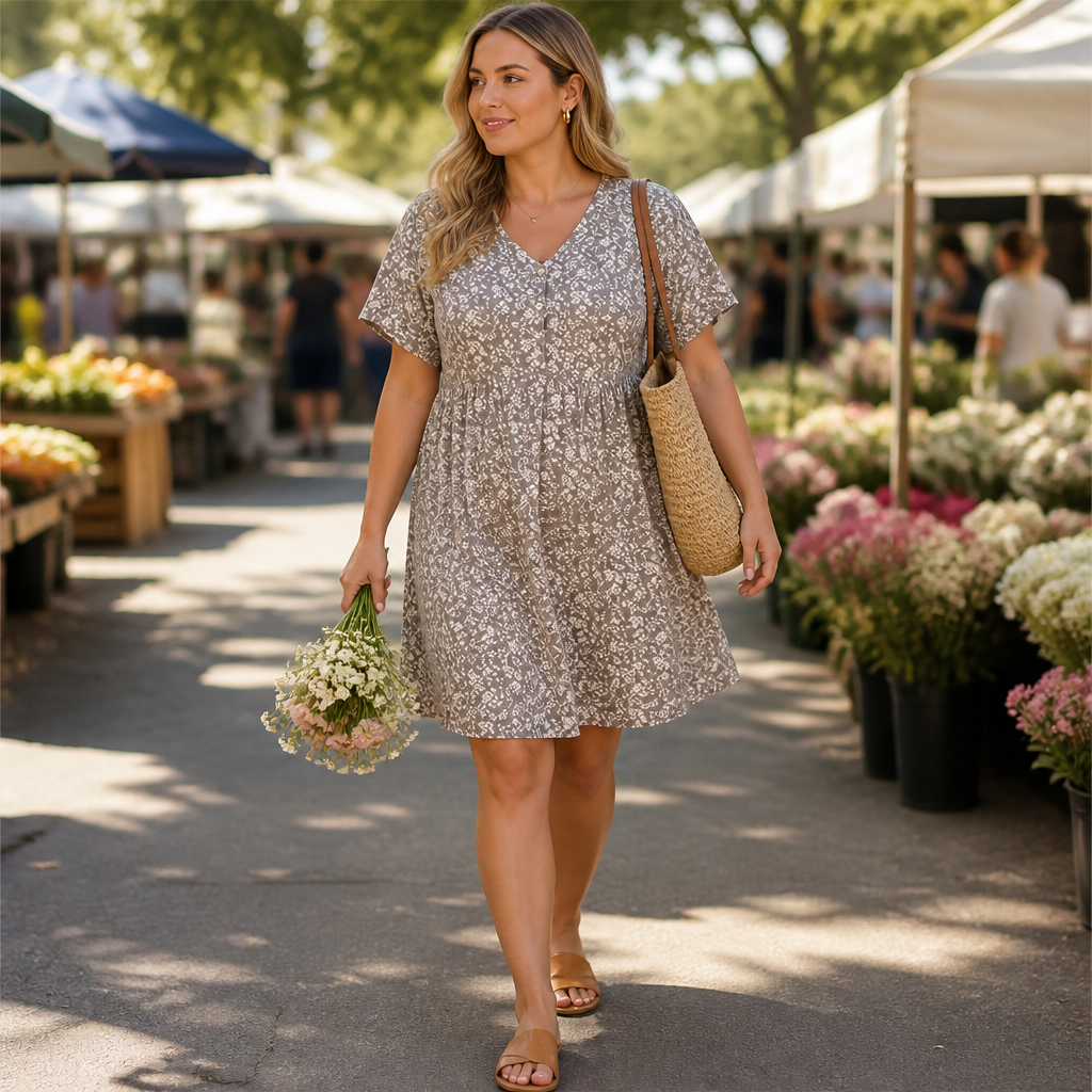LuminaEase™ – Casual V-Neck Button-Front Day Dress