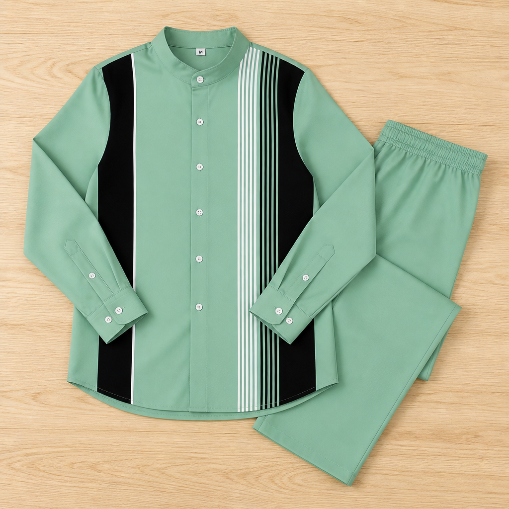 ValoroEdge™ – Color-Block Striped Mandarin-Collar Shirt & Pants Set
