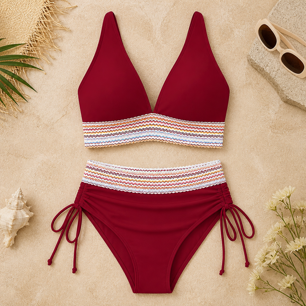 SolaraWave™ – High-Waist Tummy-Control Bikini with Chevron Smocked Band
