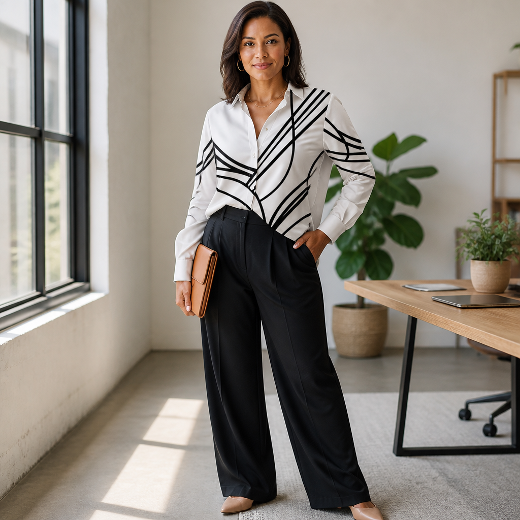 LumaLuxe™ – Casual Linework Patterned Button-Down Shirt with Pockets