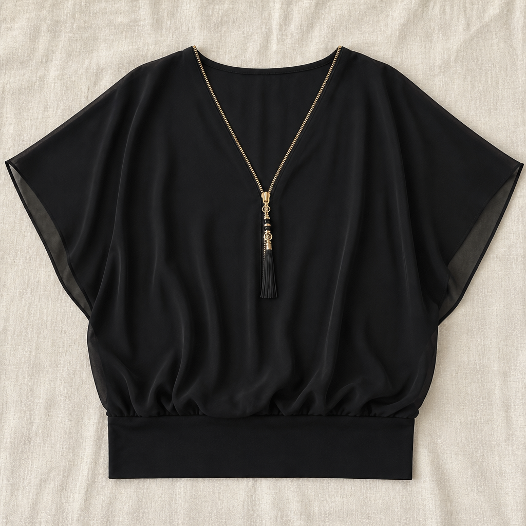 LuminaFlex™ – Airy Chiffon V-Neck Top with Zip Accent