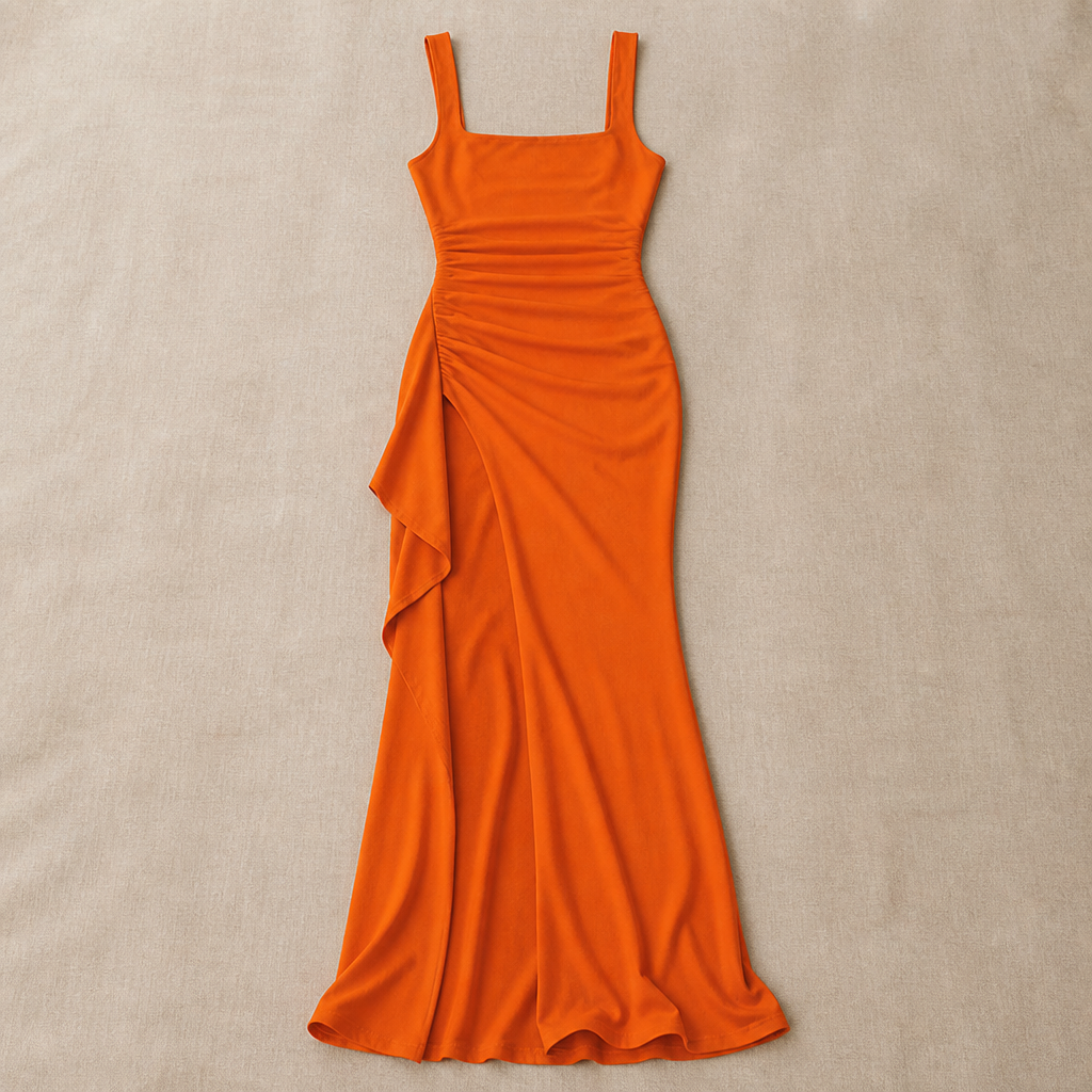 LuminaLuxe™ – Elegant Square-Neck Ruched Maxi Dress with High Thigh Slit