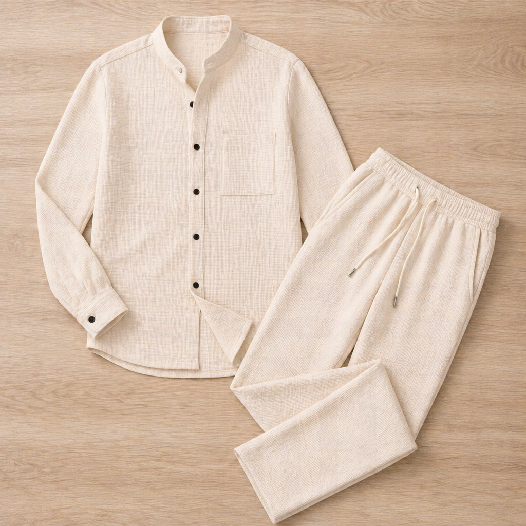 AnyWear™ – Casual Waffle-Knit Shirt & Pants Set Featuring Mandarin Collar