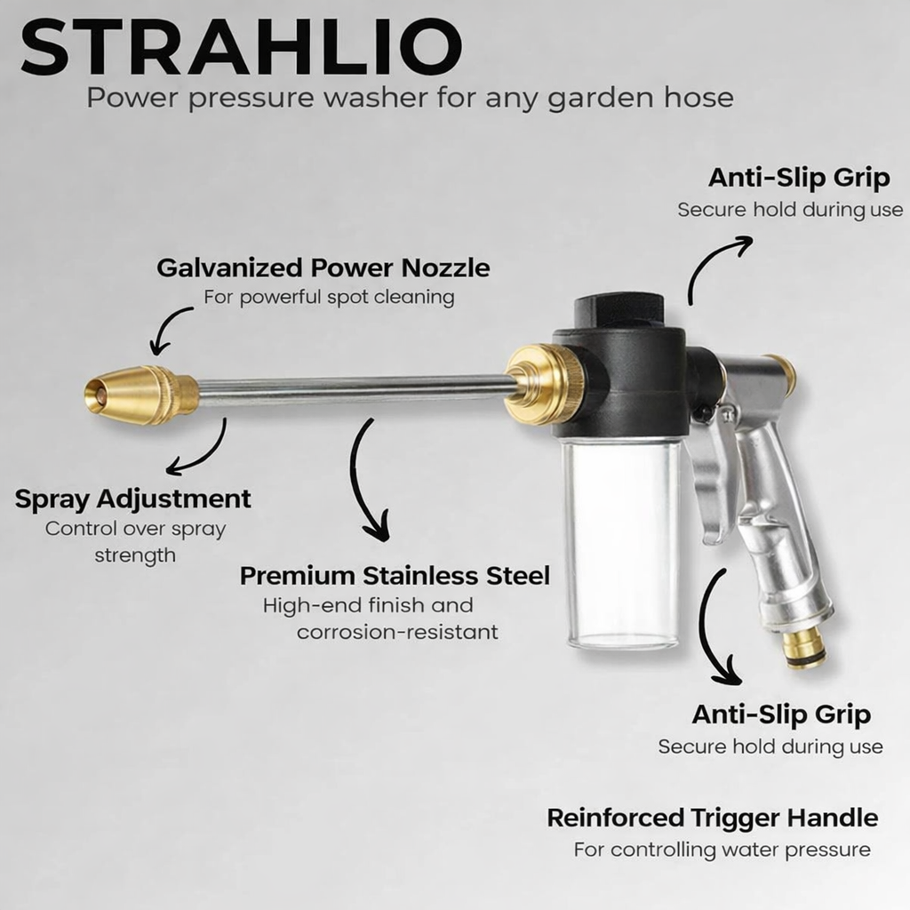 High-Pressure Washer | Adjustable Spray Nozzle | Built-in Soap Dispenser | Strahlio