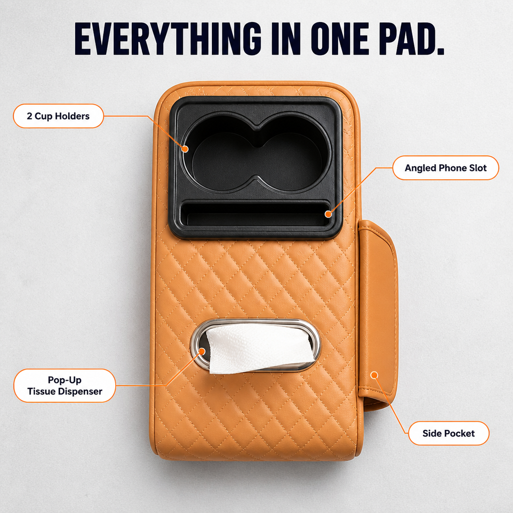 LuminaLuxe™ — Control Center Console Clutter With a Single Strap-On Armrest Pad