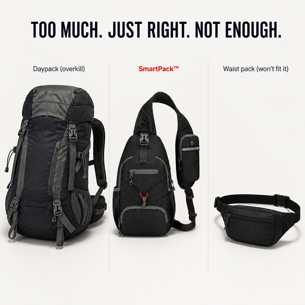 SmartPack™ — Hold Your Phone, Wallet & Water Bottle Minus the Backpack Bulk