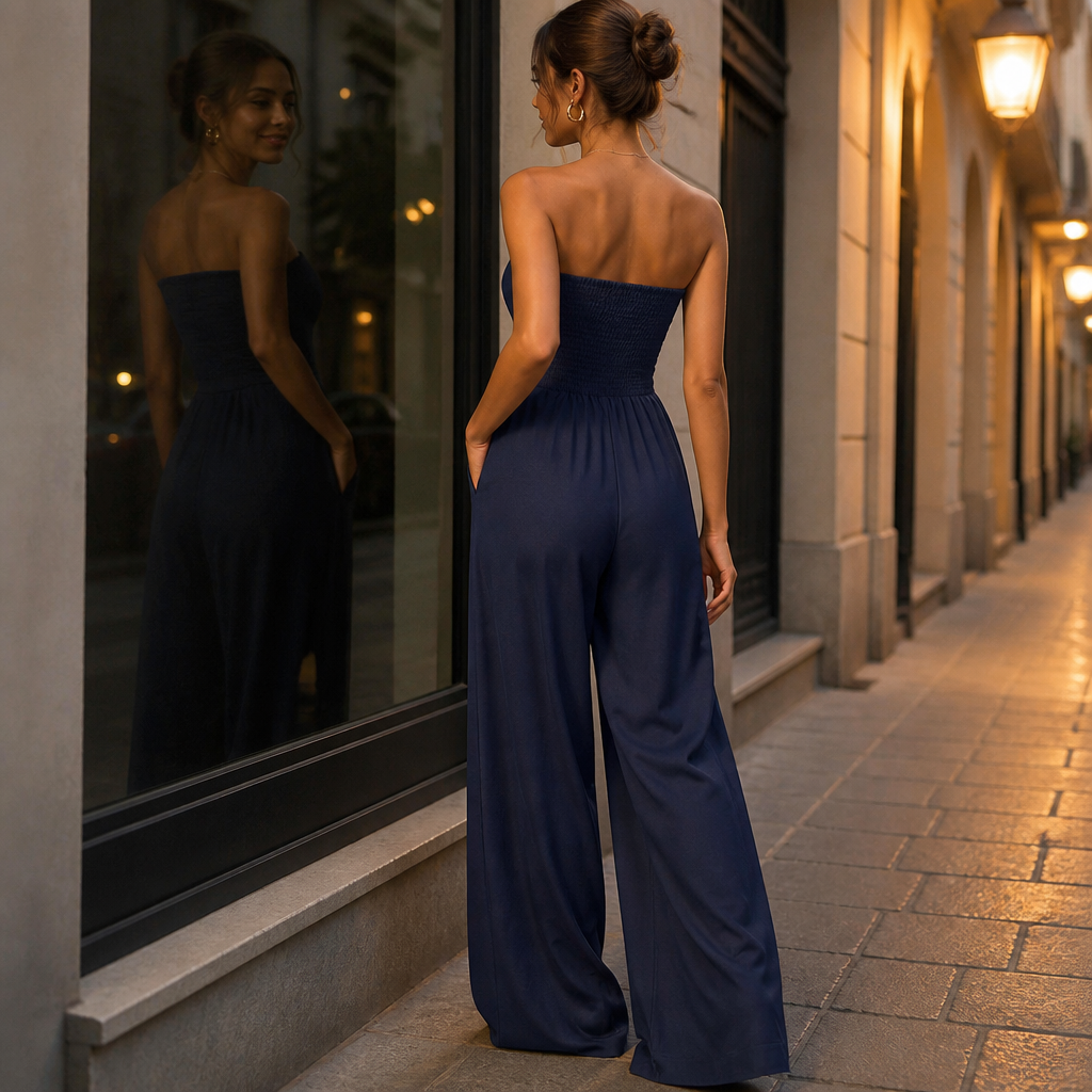 Solenne™ – Chic Strapless Wide-Leg Jumpsuit with Smocked Back