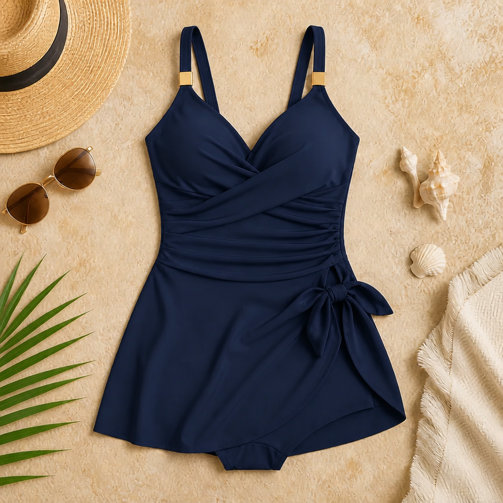 AquaLume™ – Tummy-Control Ruched Swim Dress with Wrap V-Neck