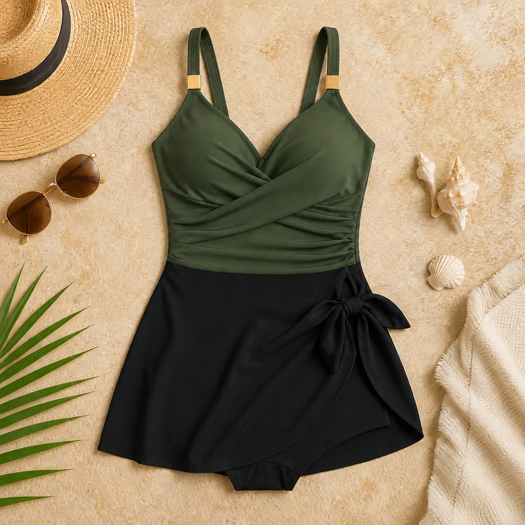 AquaLume™ – Tummy-Control Ruched Swim Dress with Wrap V-Neck