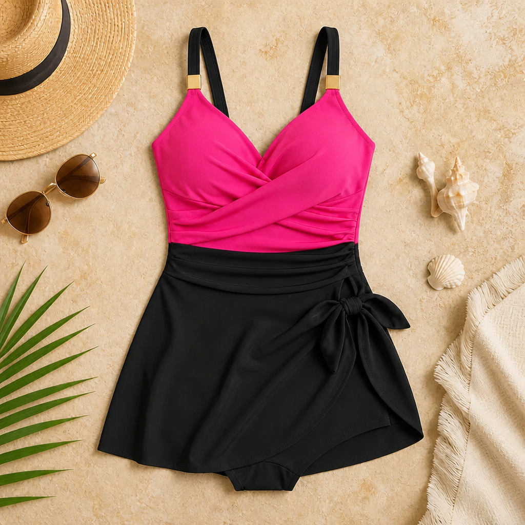 AquaLume™ – Tummy-Control Ruched Swim Dress with Wrap V-Neck