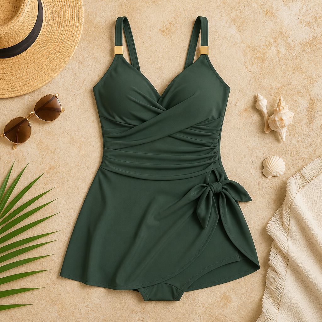 AquaLume™ – Tummy-Control Ruched Swim Dress with Wrap V-Neck