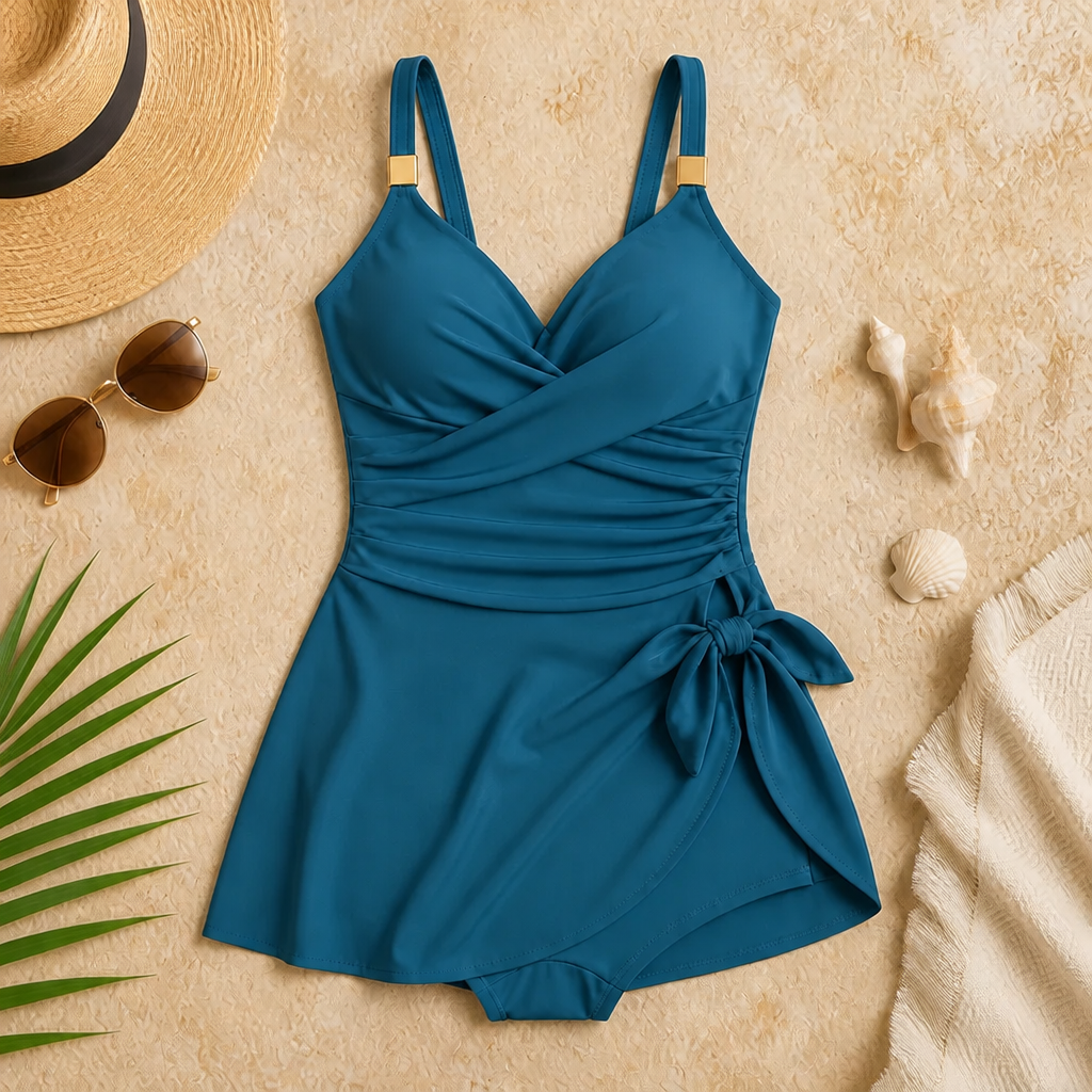 AquaLume™ – Tummy-Control Ruched Swim Dress with Wrap V-Neck