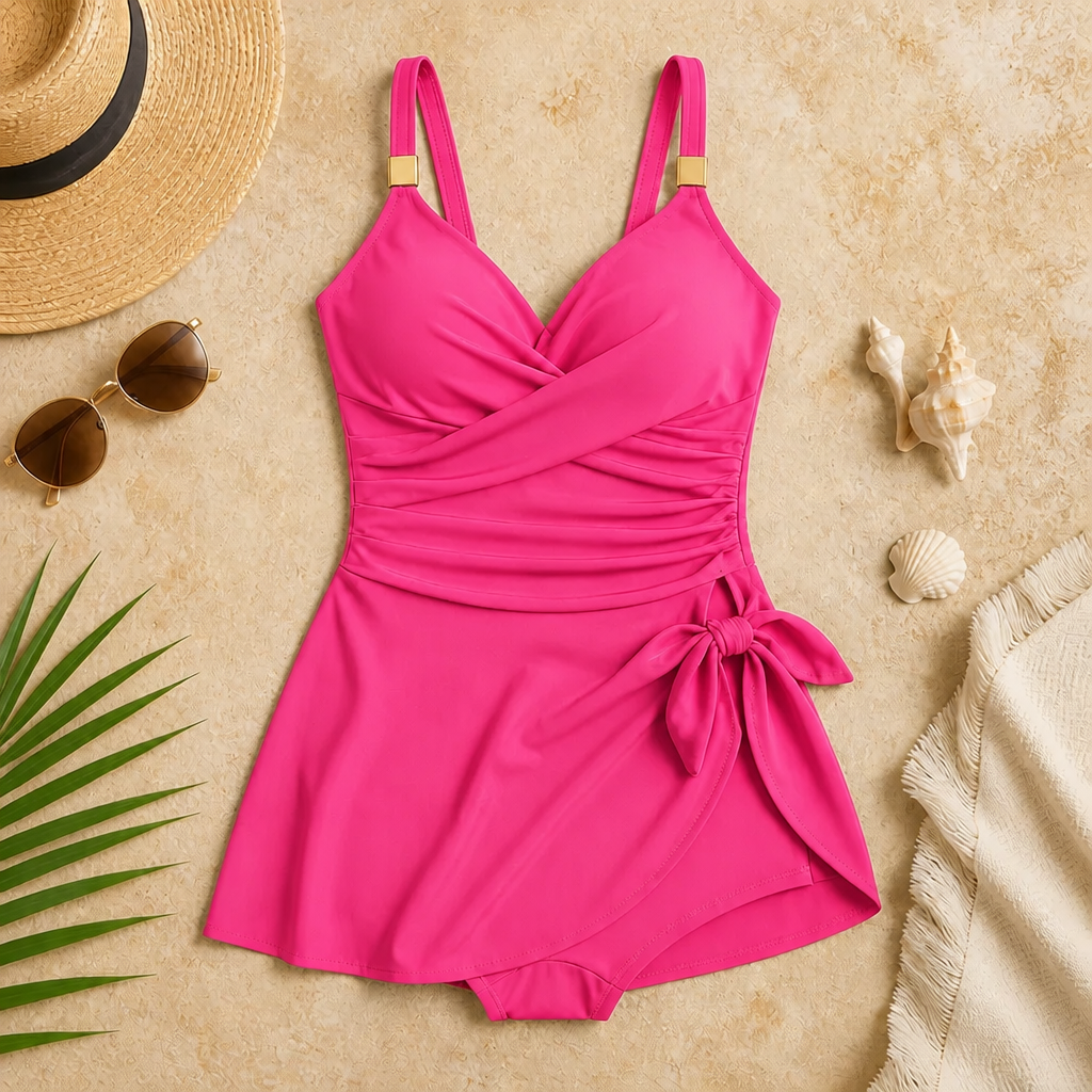 AquaLume™ – Tummy-Control Ruched Swim Dress with Wrap V-Neck