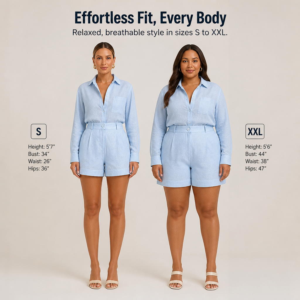 ZephyraLuxe™ – Breezy Linen-Blend Two-Piece Set with Tailored High-Waist Shorts
