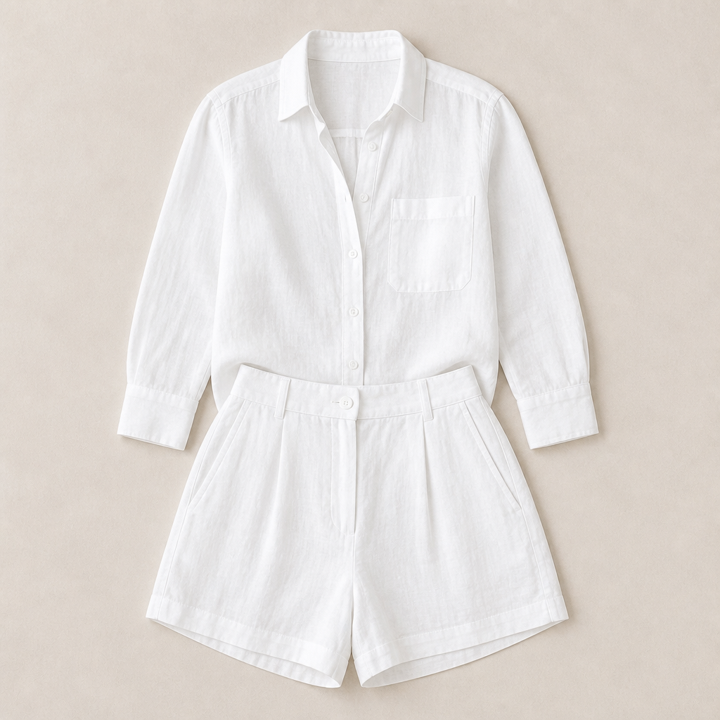 ZephyraLuxe™ – Breezy Linen-Blend Two-Piece Set with Tailored High-Waist Shorts