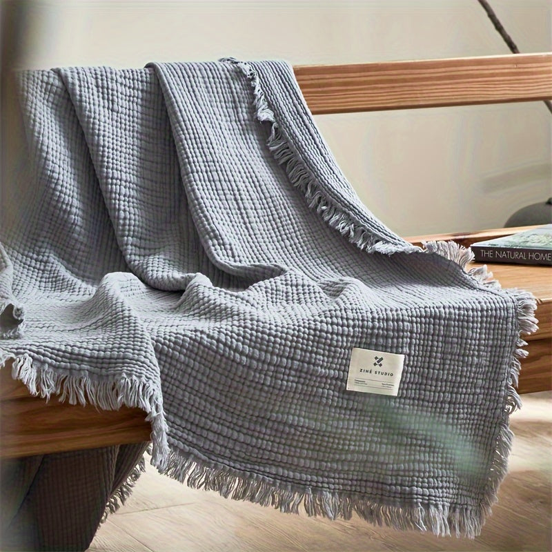 BreezyCotton – Luxurious 4-Layer Cotton Gauze Throw with Chic Fringe