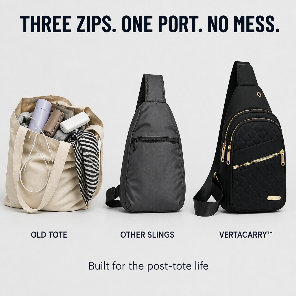 VertaCarry™ — Skip the Tote and Stow Your Day in Three Zip Pockets