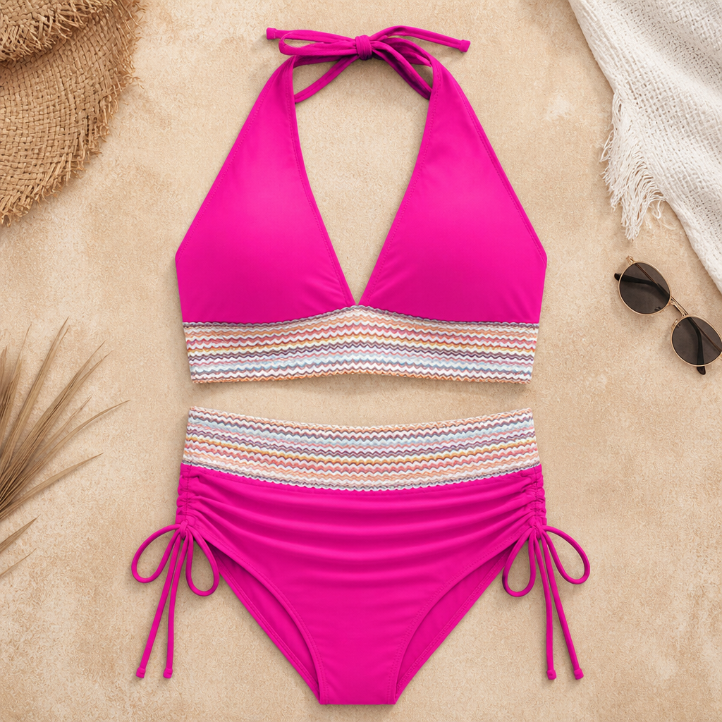 SolaraWave™ – High-Waist Tummy-Control Bikini with Chevron Smocked Band