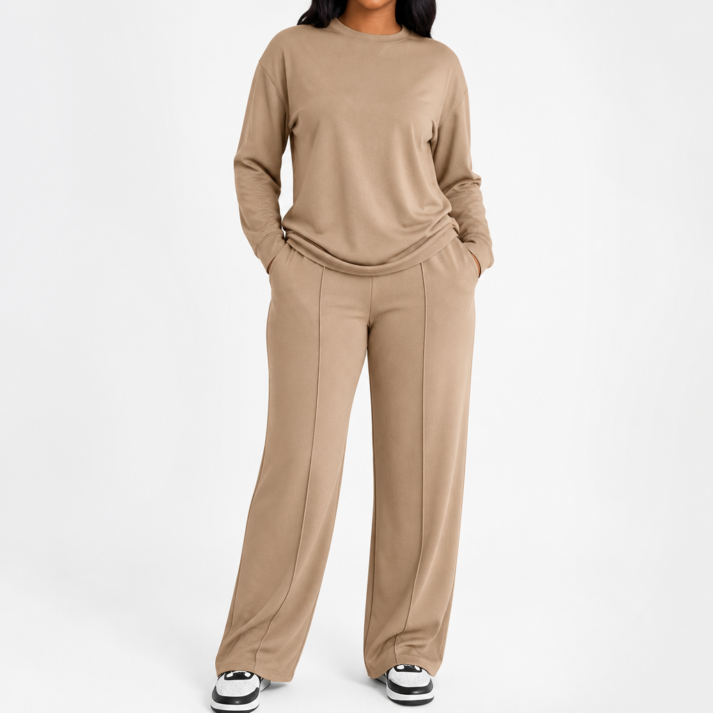 ElysianEase™ – Comforted Long Sleeve Shirt & Wide-Leg Trousers Set