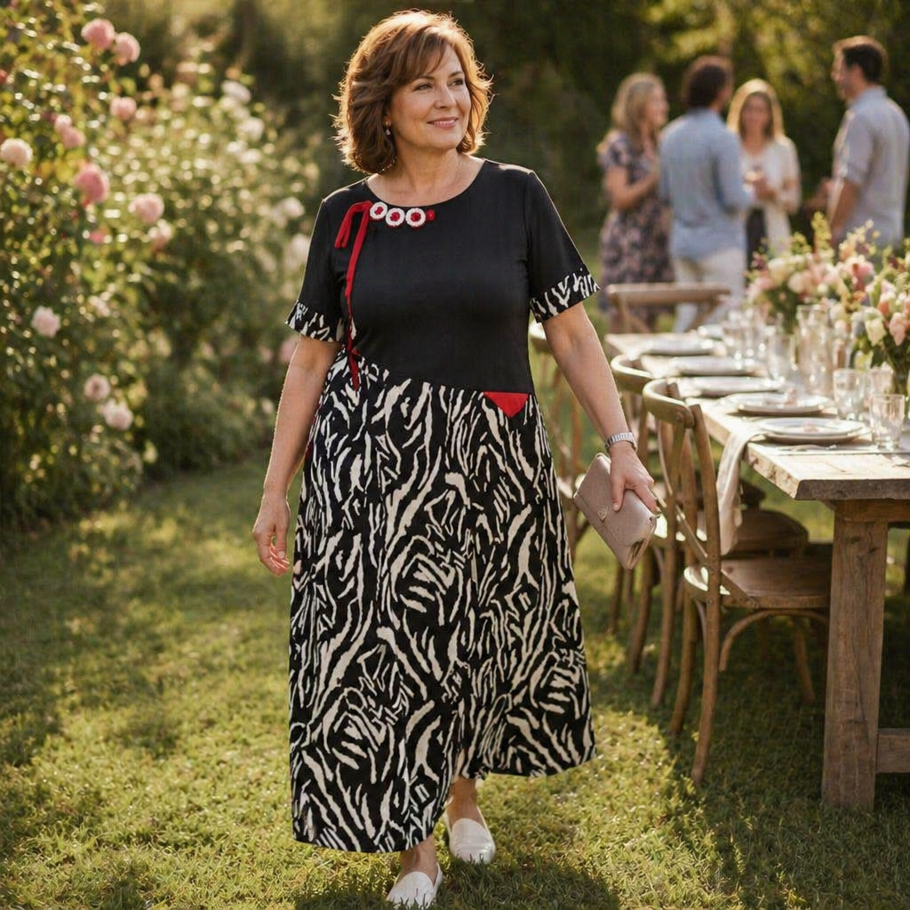 VeraNite™ – Striking Zebra Patchwork Maxi Dress Featuring Red Accent Detail