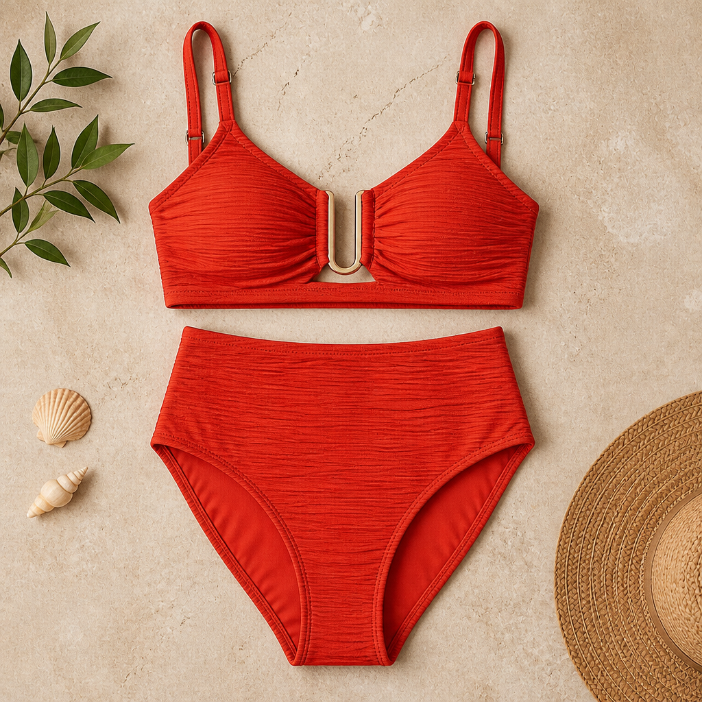 VeloraCurve™ – High-Waist Tummy-Control Bikini Set with Gold U-Wire