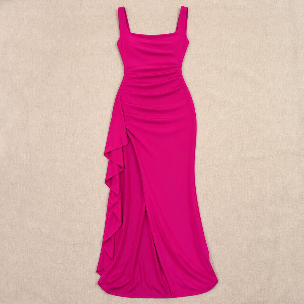 LuminaLuxe™ – Elegant Square-Neck Ruched Maxi Dress with High Thigh Slit