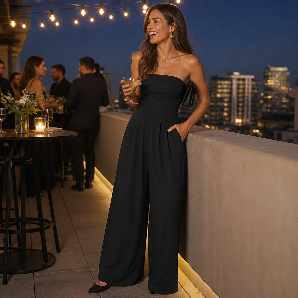 LuminaWear™ – Chic Strapless Wide-Leg Jumpsuit with Smocked Back