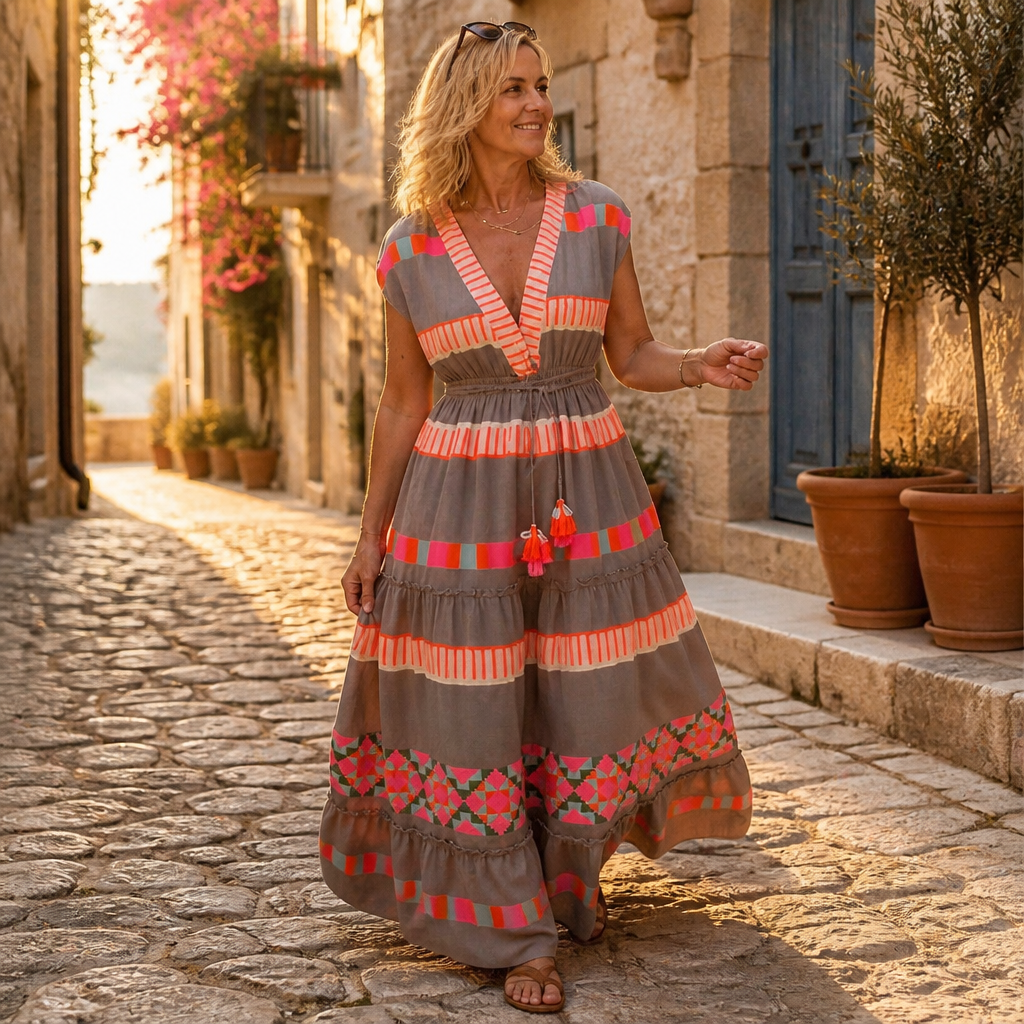 Solana™ – Bohemian V-Neck Tiered Maxi Dress with Tassel Tie in Print