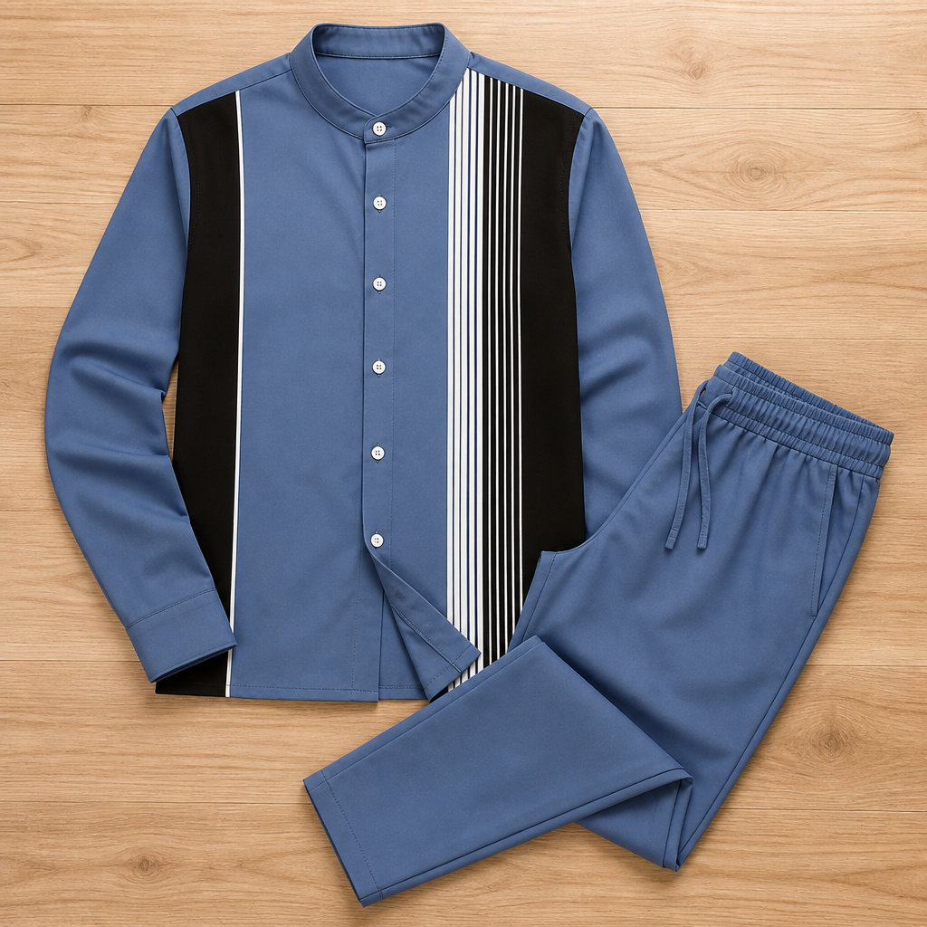 ValoroEdge™ – Color-Block Striped Mandarin-Collar Shirt & Pants Set