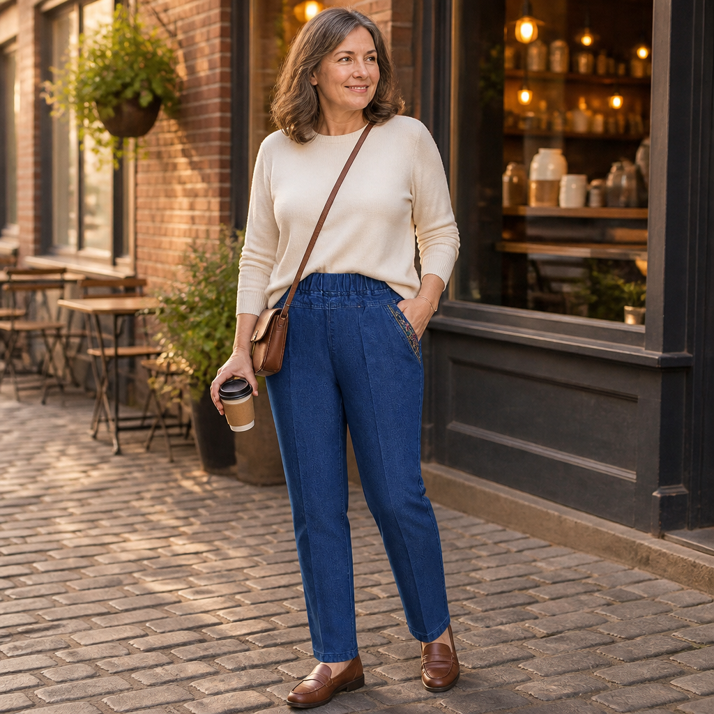 LuxeStride™ – Stretchy Pull-On Jeans with Embroidered Pocket Detailing