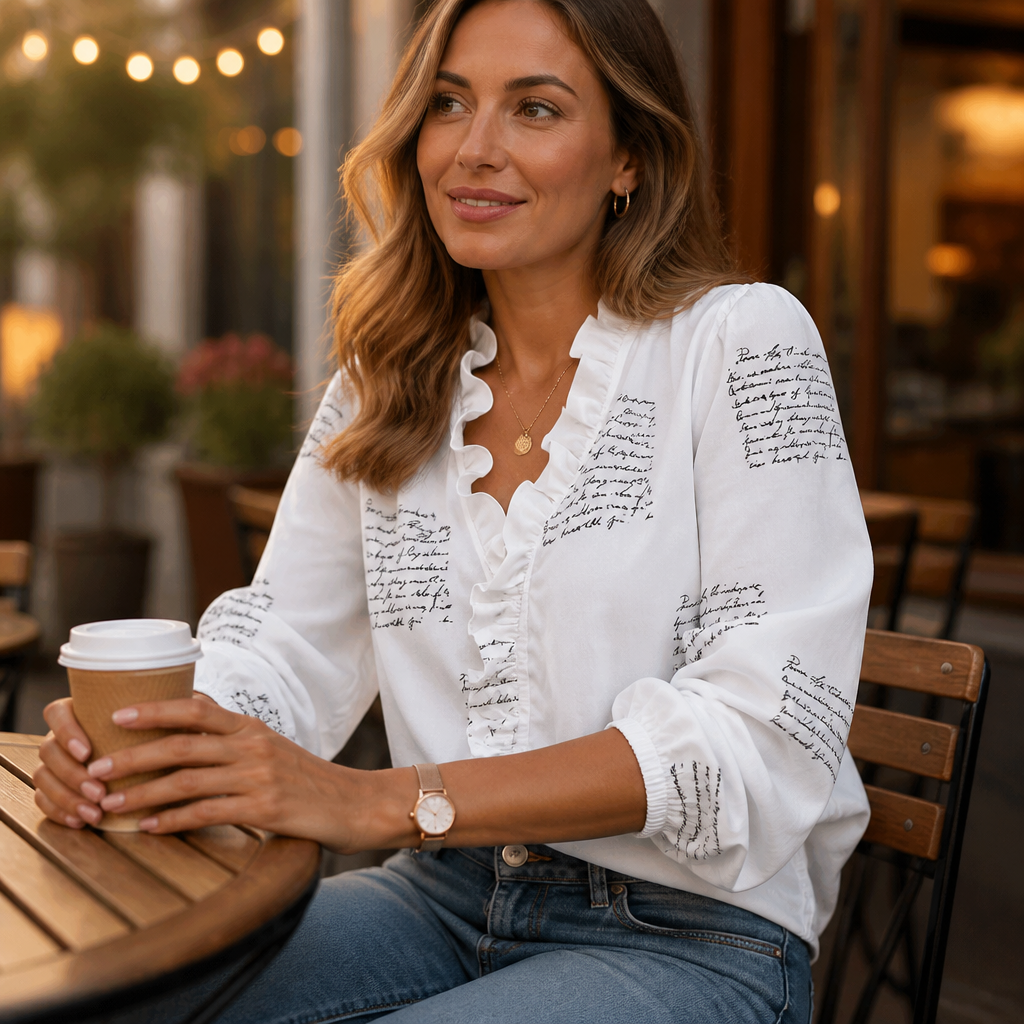 FlairMist™ – Romantic Ruffled V-Neck Top with Lantern Sleeves