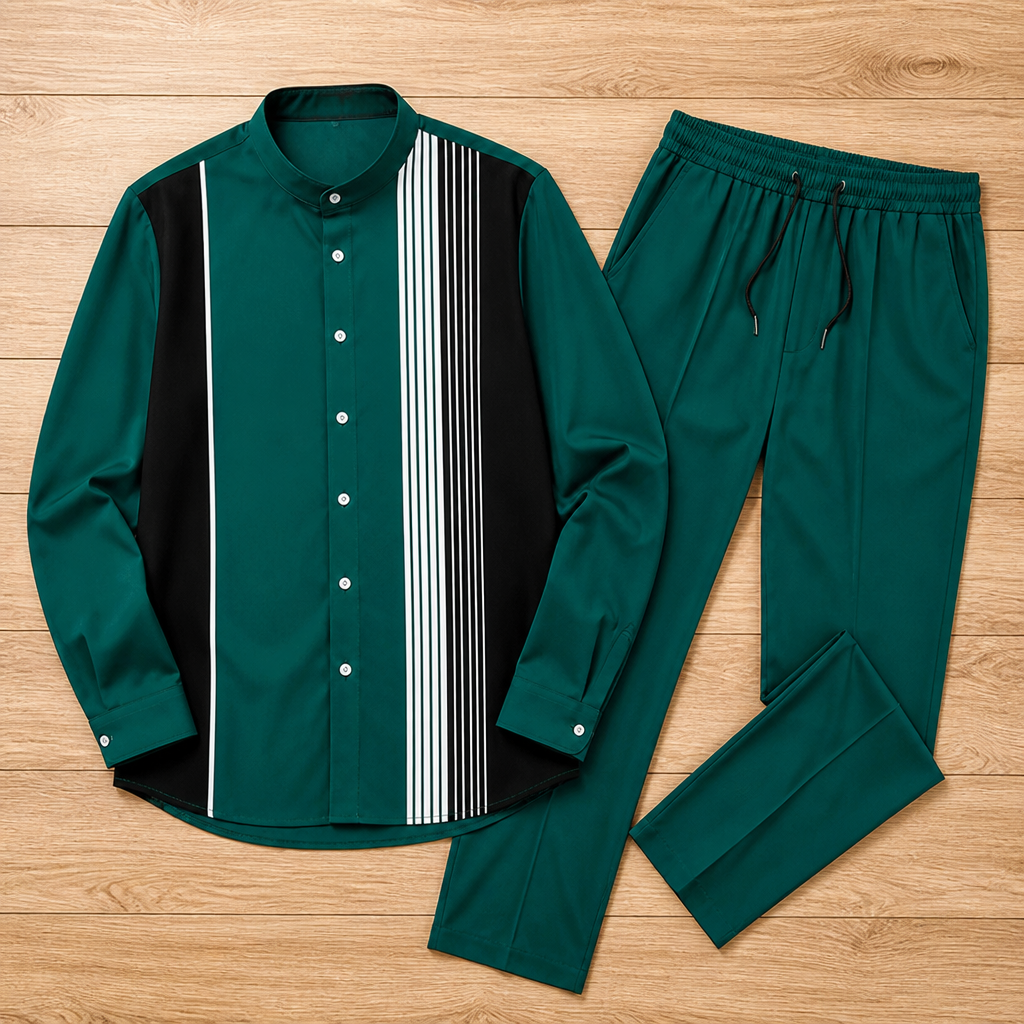 ValoroEdge™ – Color-Block Striped Mandarin-Collar Shirt & Pants Set