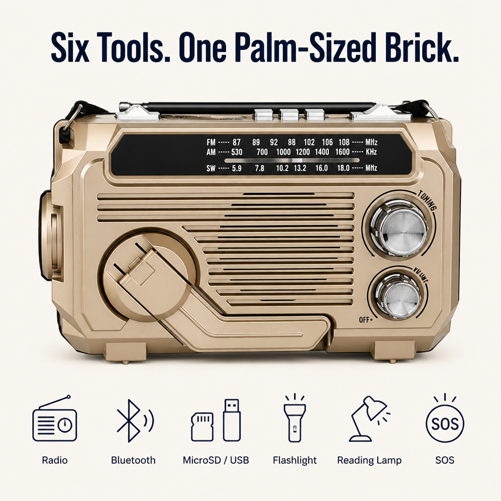 VoltGuard™ — Power Light, Radio, and SOS Via Crank, Sun, or USB