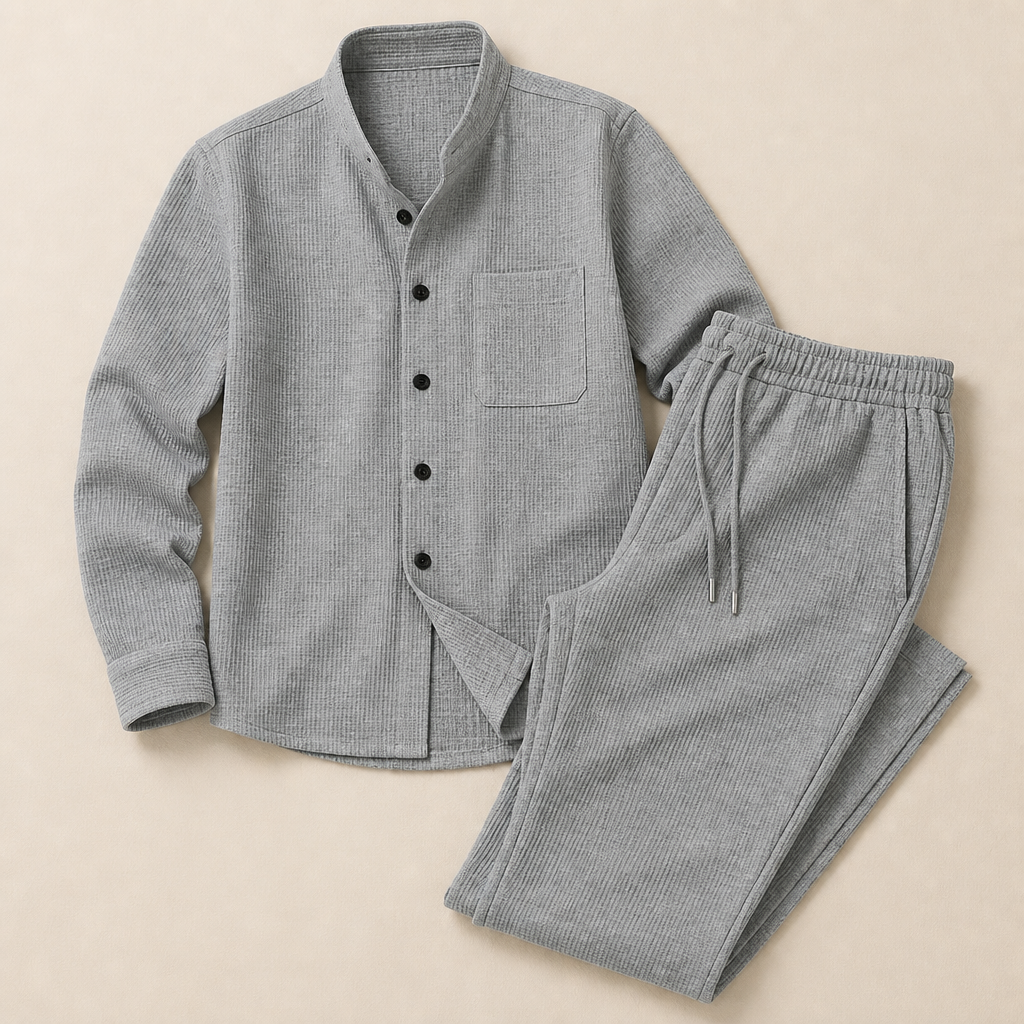 RavenaLux™ – Custom Waffle Knit Mandarin Collar Shirt and Pants Ensemble